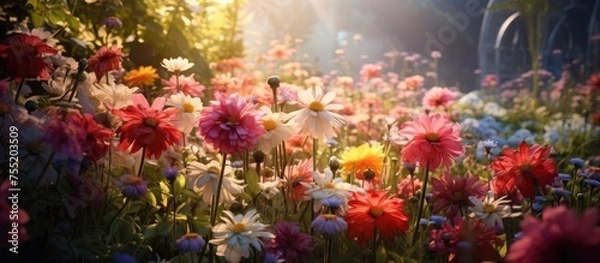 Fototapeta A vibrant field of magenta annual flowers swaying in the breeze, with the sun shining through the petals, creating a picturesque natural landscape