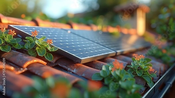 Obraz A solar panel is on a tiled roof, harnessing sunlight for solar power