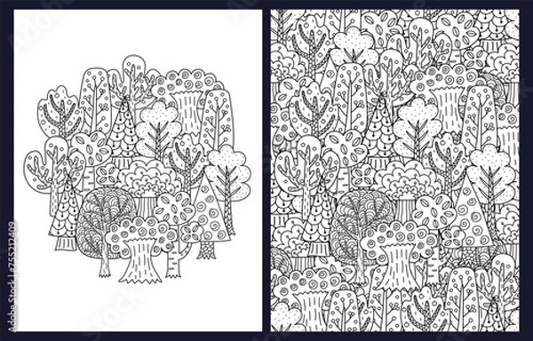 Fototapeta Doodle trees coloring pages set. Black and white templates with whimsical trees. Outline background. Vector illustration