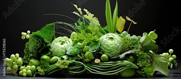 Fototapeta A variety of leafy green vegetables are neatly arranged on a table, showcasing natures bounty of plantbased food in a creative and visually appealing display
