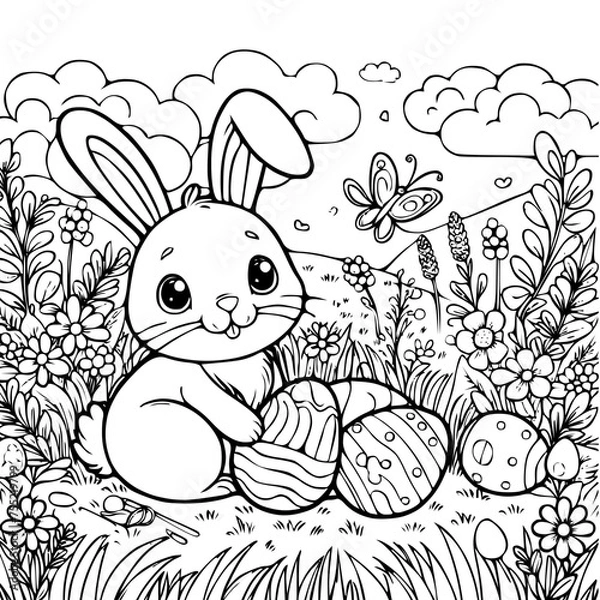 Obraz Bunny with eggs Easter coloring page
