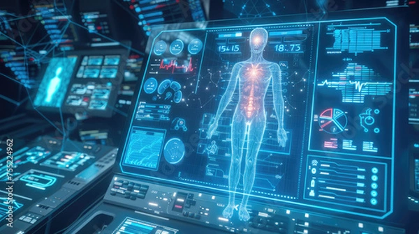 Fototapeta Futuristic medical interface displaying a holographic human body with various health metrics and data visualizations surrounding it