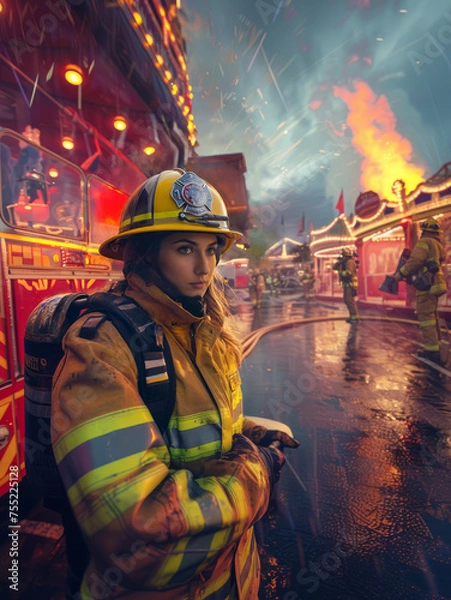 Fototapeta A female firefighter in protective gear stands in front of a burning amusement park.