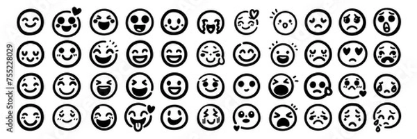 Fototapeta Emoji face smile happy emoticon vector doodle set. Emoji funny mood emotion vector doodle set