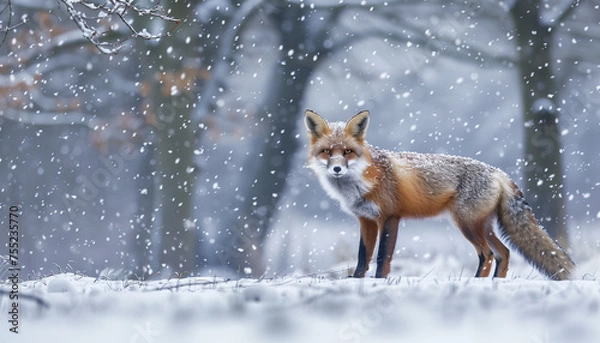 Fototapeta A red fox stands alert in the falling snow, surrounded by a wintry forest