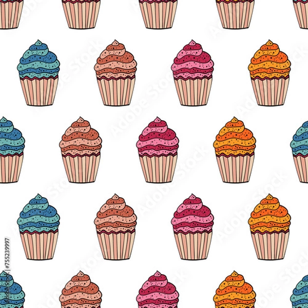 Fototapeta Seamless pattern with colorful muffins with whipped cream and seeds on top. Hand drawn cupcake dessert in doodle sketch style. For menu, bar, coffee shop, cafe, restaurant.