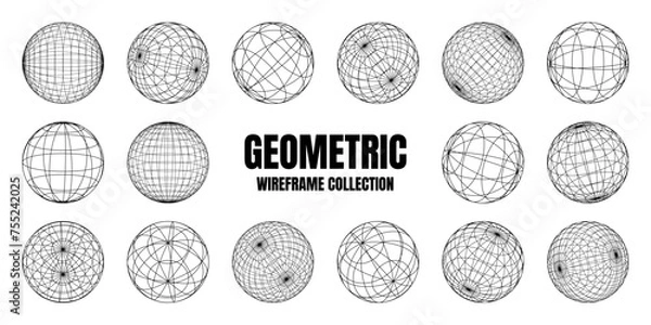 Fototapeta Wireframe shapes, lined sphere. Perspective mesh, 3d grid. Low poly geometric elements. Retro futuristic design elements, y2k, vaporwave and synthwave style. Vector illustration