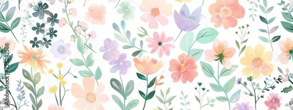 Fototapeta Colorful pastel spring floral pattern seamless background vector illustration on a white background Generative AI