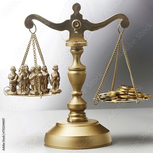 Fototapeta A Scale Balancing People and Money, Tipping Towards Money: Imagine an old-fashioned scale with one side holding several small figures representing people, and the other side a single