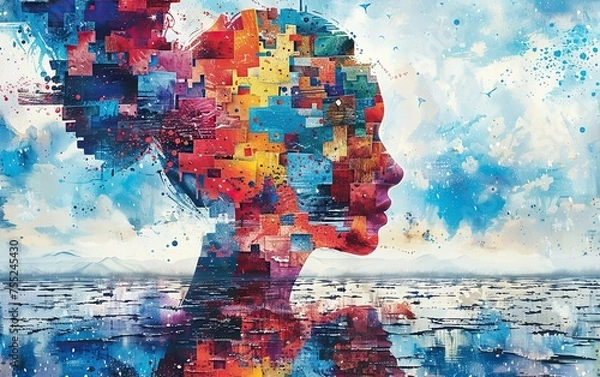 Fototapeta Silhouette of a female profile made of pieces of multicolored mosaic.