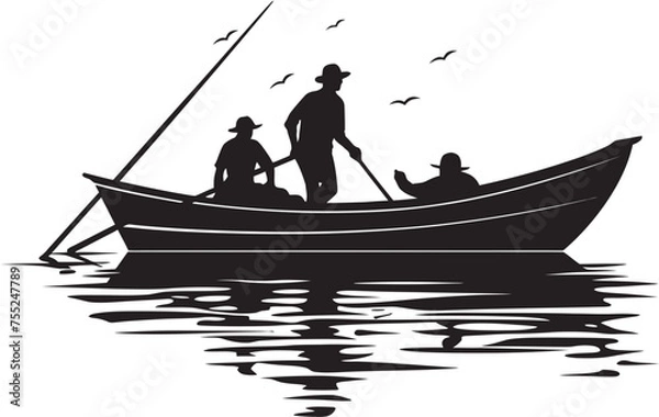 Fototapeta Nautical Nomad Small Boat Vector Logo Design Tidal Trekker Fisherman on Small Boat Emblem