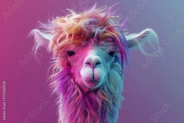 Fototapeta Colorful photograph of an isolated Alpaca with wild, messy, funny hair. 