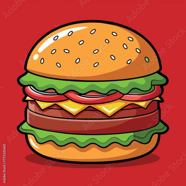 Fototapeta Delectable cartoon vector artwork of a cheeseburger. Cartoon icon of a burger with cheese.
