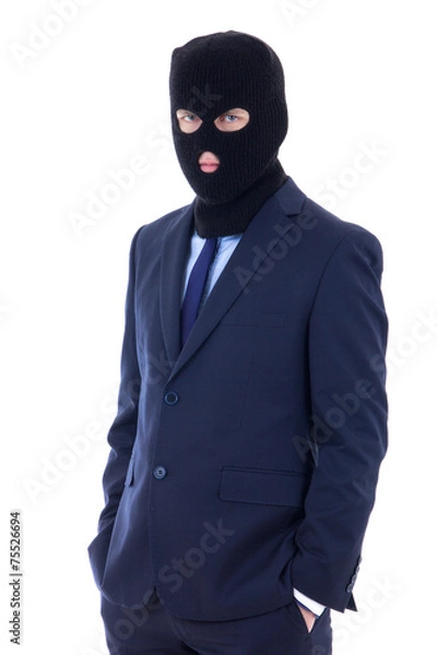 Fototapeta man in business suit and black burglar mask with hand extended t
