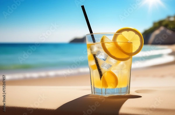 Fototapeta Cold drink with ice and a slice of lemon on the beach on a hot summer day