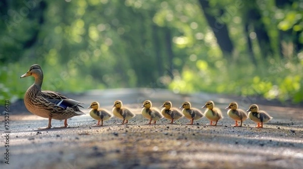 Obraz Mother Duck Leading Baby Ducklings in a Line Walking Across the Road