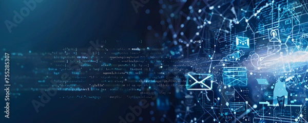 Fototapeta people debating, email client, letters, email, network, in style of futuristic fragmentation, dark blue and white banner with copy space area