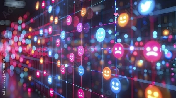Fototapeta A sentiment analysis graph shows emoticons transitioning from sad to happy in social media posts.