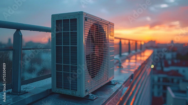 Fototapeta Air condenser unit located on roof deck building to heat released transferred to surrounding environment, Compressor is part of cooling function and air conditioning HVAC systems.