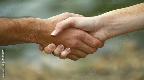 Fototapeta A closeup shot of a handshake between a man and woman with their hands overlapped and their eyes locked in a determined gaze reflects the power dynamics and positive outcomes