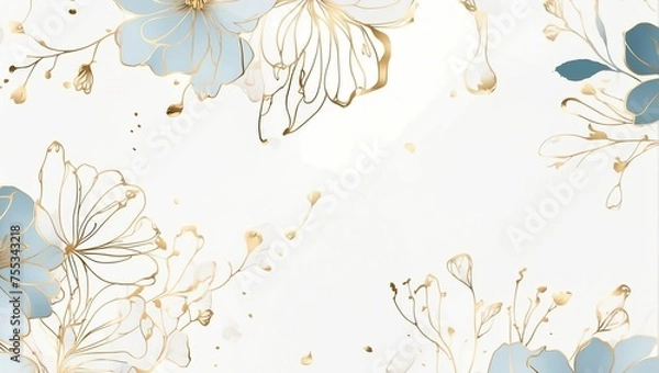 Obraz Luxury minimal style wallpaper with golden line art flower and botanical leaves. soft tone background