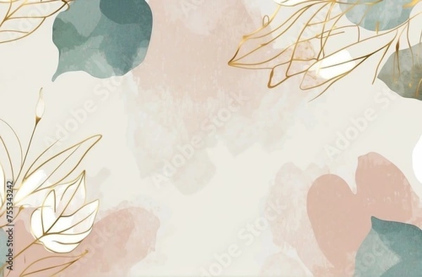 Obraz Luxury minimal style wallpaper with golden line art flower and botanical leaves. soft tone background