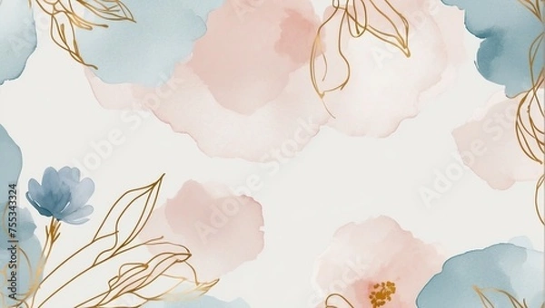 Obraz Luxury minimal style wallpaper with golden line art flower and botanical leaves. soft tone background