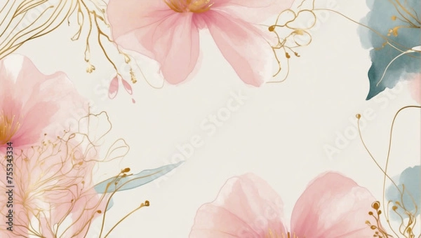 Obraz Luxury minimal style wallpaper with golden line art flower and botanical leaves. soft tone background