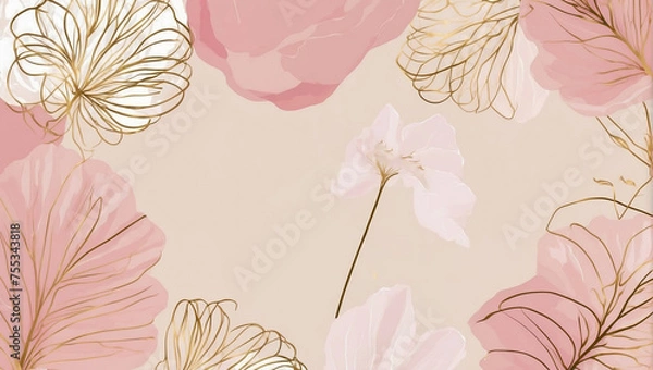 Obraz Luxury minimal style wallpaper with golden line art flower and botanical leaves. soft tone background