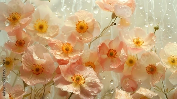 Fototapeta Digital flowers with dew dropped fantasy scene abstract graphic poster web page PPT background