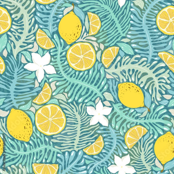 Fototapeta Seamless vector pattern with hand drawn abstract plants, exotic flowers and lemons isolated on white background. Illustration template for fashion prints, fabric, wallpaper, card