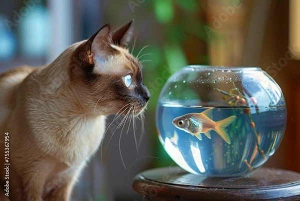 Fototapeta A Burmese cat intently observing a fishbowl from a safe distance