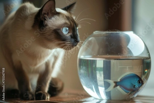 Fototapeta A Burmese cat intently observing a fishbowl from a safe distance