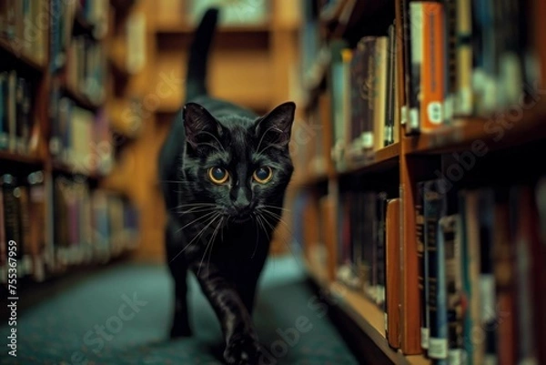 Fototapeta A Bombay cat stealthily exploring a dimly lit library