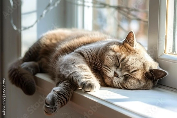 Fototapeta A British Shorthair cat lounging lazily on a windowsill, basking in the afternoon sun