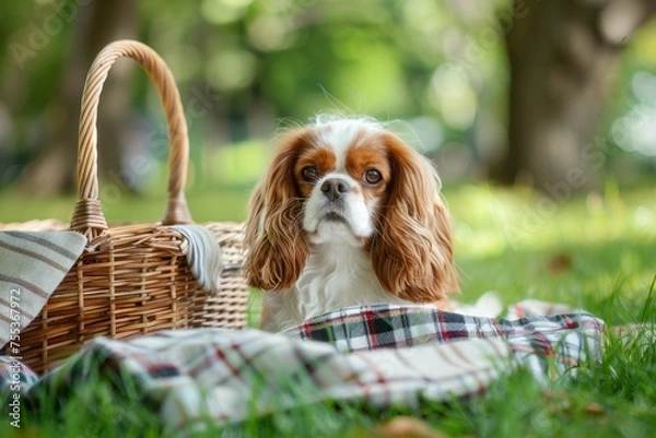 Fototapeta A Cavalier King Charles Spaniel patiently waiting by a picnic basket