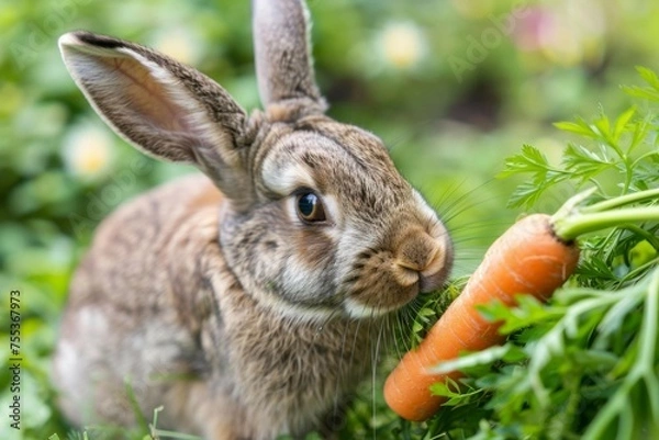 Fototapeta A close-up of a rabbit nibbling on a fresh carrot