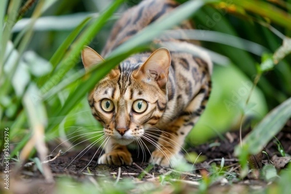Fototapeta A Bengal cat stealthily crouching as if stalking an unseen prey
