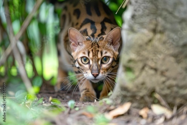 Fototapeta A Bengal cat stealthily crouching as if stalking an unseen prey