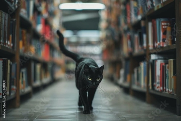 Fototapeta A Bombay cat stealthily exploring a dimly lit library