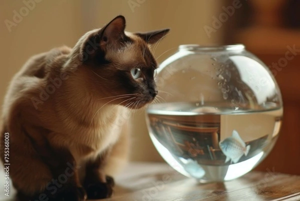 Fototapeta A Burmese cat intently observing a fishbowl from a safe distance