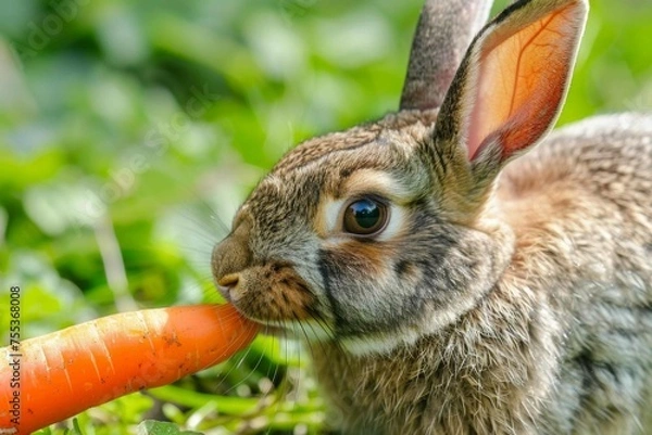 Fototapeta A close-up of a rabbit nibbling on a fresh carrot