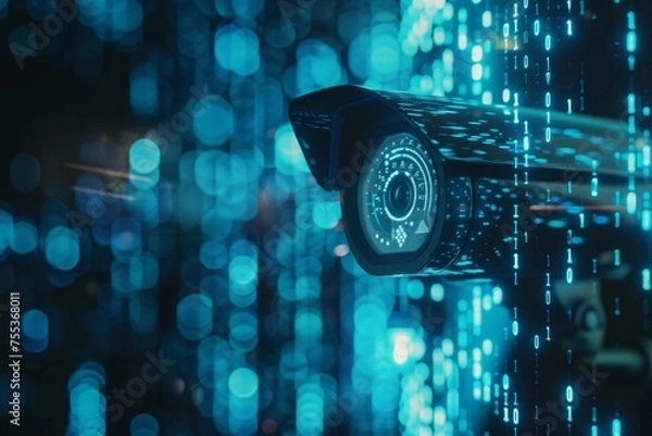 Fototapeta A close-up shot of a security surveillance camera with digital encryption symbols in the foreground