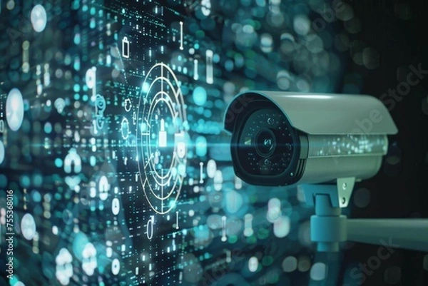 Fototapeta A close-up shot of a security surveillance camera with digital encryption symbols in the foreground