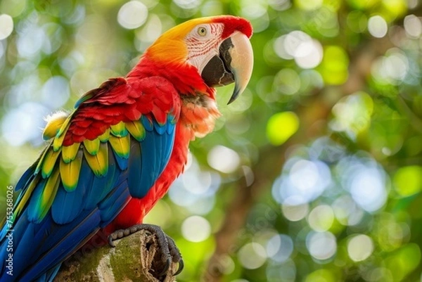 Fototapeta A colorful macaw perched eloquently in the rainforest, its feathers a burst of colors