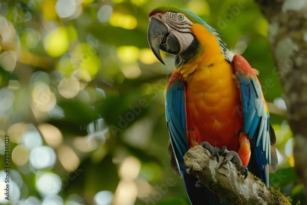 Fototapeta A colorful macaw perched eloquently in the rainforest, its feathers a burst of colors