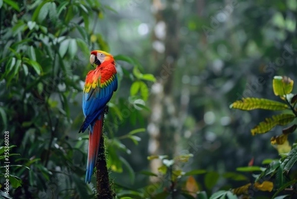 Fototapeta A colorful macaw perched eloquently in the rainforest, its feathers a burst of colors
