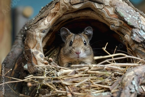 Fototapeta A Degu peeking out from a cozy nest inside its enclosure