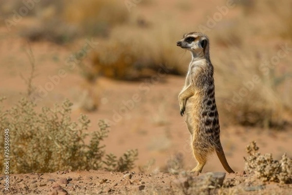 Fototapeta A curious meerkat standing upright, scanning its surroundings in the desert
