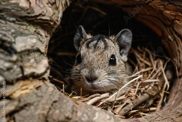 Fototapeta A Degu peeking out from a cozy nest inside its enclosure